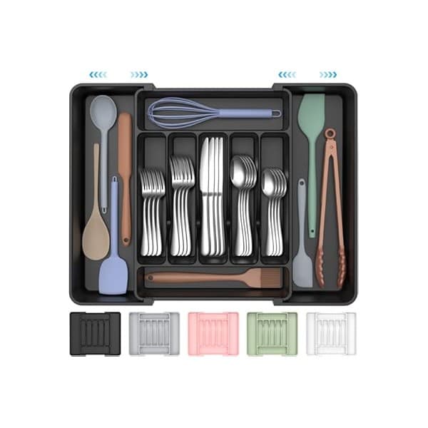 Limited Time Deal: ukeetap Extra Large Expandable Silverware Organizer, BPA-Free Food-Safe Cutlery Flatware Organizer, Kitchen Utensil Drawer Organizer, Adjustable Silverware Holder for Spoons Forks Knives, Black