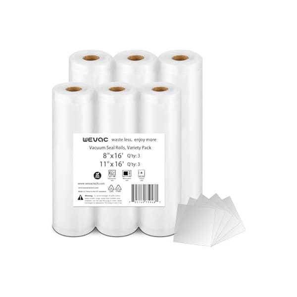 New Mom Must-Have: Wevac 6 Pack 11" x 16' and 8" x 16', Vacuum Sealer Bags Rolls for Food Saver, Weston, Commercial Grade, BPA Free, Heavy Duty, Great for vac storage, Meal Prep or Sous Vide