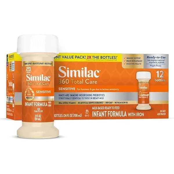 Price Drop: Similac 360 Total Care Sensitive Infant Formula for Fussiness & Gas Due to Lactose Sensitivity, Has 5 HMO Prebiotics, Baby Formula, Ready to Feed, 2-fl-oz Bottle, Pack of 12