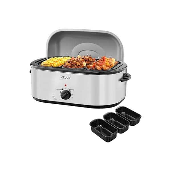 Upgrade Your Life With This: VEVOR Roaster Oven, 24QT Electric Turkey Roaster Oven, 150-450℉ Adjustable Temperature Electric Roasting Pan with 3 Bin Buffet Server, Self-Basting Lid, Defrost & Warm Function, Self-Basting Lid