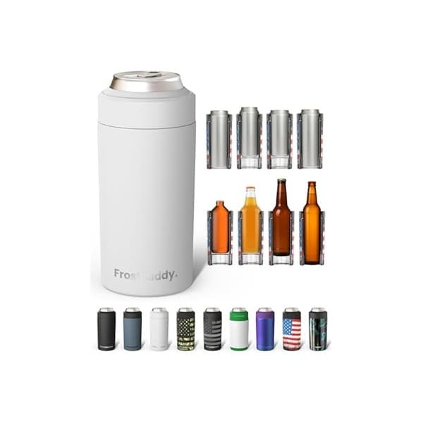 Amazon's Choice: Frost Buddy Universal Buddy Can Cooler - Fits All - For Regular 12 & 16 oz or Slim-Size Bottles - Insulated Double -Walled Stainless Steel (All white)