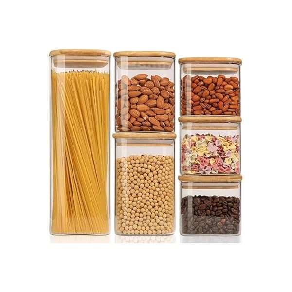Mom's Pick of the Week: ComSaf Food Storage Containers with Airtight Lids Set of 6, Clear Glass Canister Food Jar with Sealing Lid Kitchen Pantry Storage Container for Spaghetti Pasta Sugar Flour Oat Cereal Beans, Square