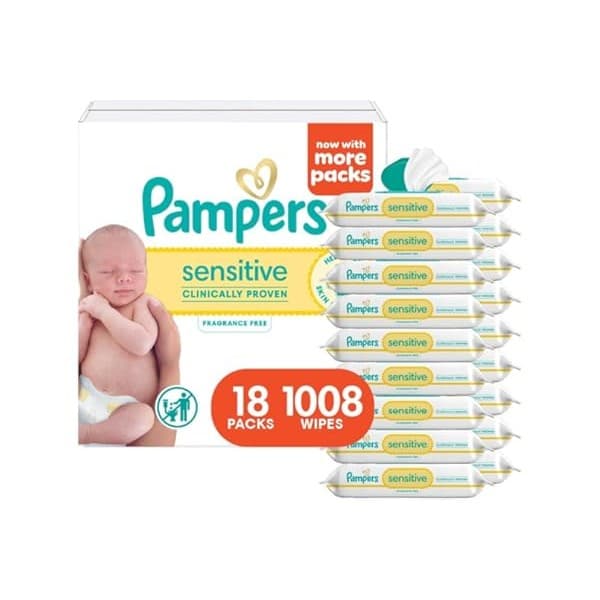 This Solves the Problem: Pampers Sensitive Baby Wipes, Water Based, Clinically Proven, Hypoallergenic, and Unscented for Babies, 1008 Wipes Total (18 Flip-Top Packs) [Packaging May Vary]