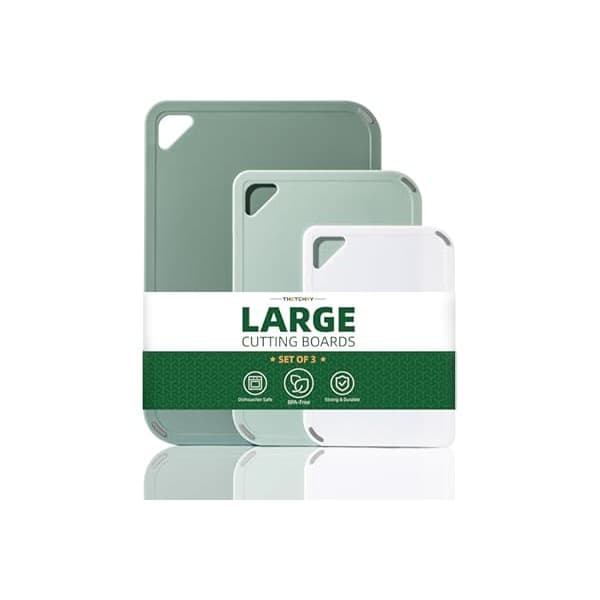 This Solves the Problem: THETCHRY Plastic Cutting Board Set of 3-Cutting Boards for Kitchen BPA Free, Large-Small Chopping Boards Non-Slip for Cooking Camping Dishwasher Safe, Reversible, with Grip Handle, 15"×10"×0.25" Green