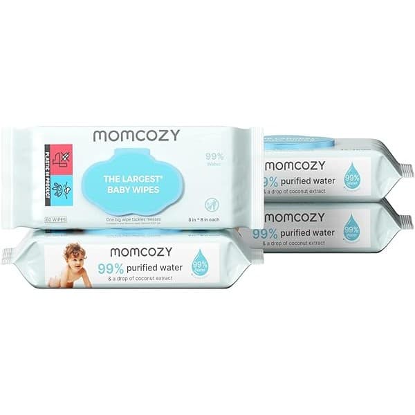 Perfect Gift Idea: Momcozy Baby Wipes-Extra Large Size Design, 99% Water Based, Unscented & Hypoallergenic, Cleansing & Moisturizing Baby Wipes for Sensitive Skin, 240 Count (4 packs)