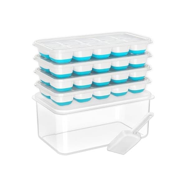 This Solves the Problem: DOQAUS Ice Cube Tray with Lid and Bin - 4 Pack Silicone Ice Cube Trays for Freezer, Stackable Ice Bucket Kits with Storage Container & Scoop for Kitchen, RV, Cocktail, Coffee