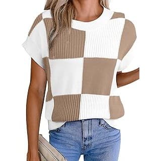 Trending on Amazon: Short Sleeve Sweater for Women Crewneck Color Block Knit Tops 2026 Spring Trendy Cap Sleeve Sweater Vest