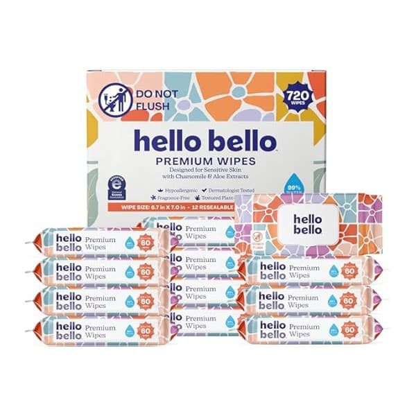This Solves the Problem: Hello Bello Premium Wipes, Designed for Sensitive Skin with Chamomile & Aloe Extracts, Flower Pop (12 Resealable Packets = 720 Total Wipes)