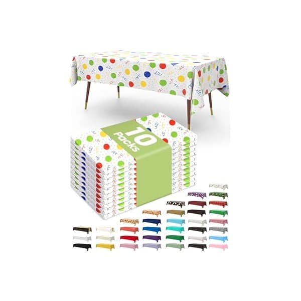 Baby Shower Gift Idea: Pureegg Plastic Table Cloth Disposable 10 Pack, 54 x 108 Inch Table Cloths, Birthday Party Decorations, Picnic, White Tablecloths, Rectangle, Colorful, Rainbow Cover, Leakproof & Sturdy, Balloon