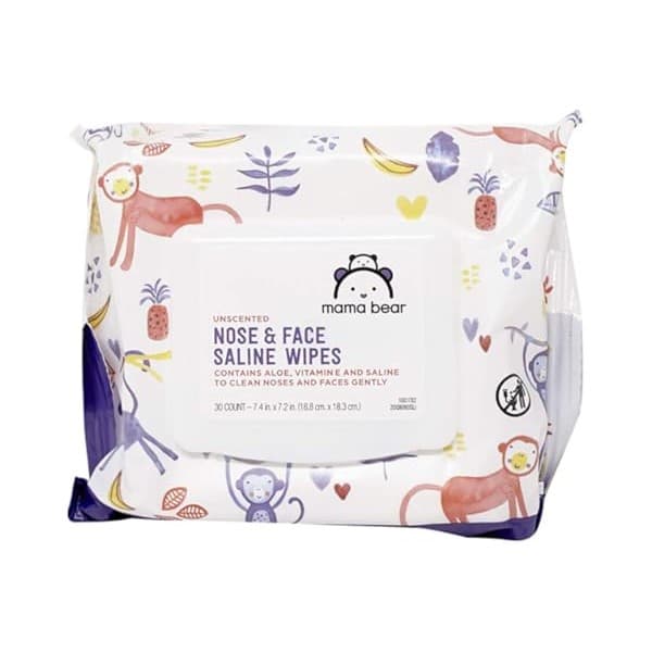 We Are Obsessed With This: Amazon Brand - Mama Bear Saline Nose and Face Baby Wipes, Hypoallergenic, Unscented, 30 Count