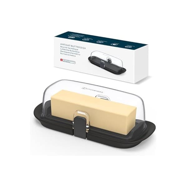 Hidden Gem Find: KITCHENDAO One-handed Airtight Butter Dish with Lid for Countertop and Refrigerator Door Shelf, Butter Holder with One Press to Open/Close Secure Latching Buckle for West/East Coast Butter (Black)