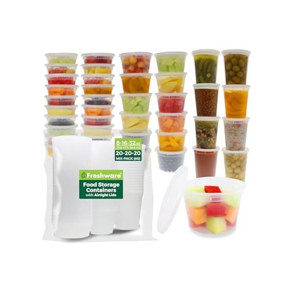 New Mom Must-Have: Freshware Food Storage Containers with Lids [60 Pack 8, 16, 32 oz, 20 sets each size] Plastic Deli Containers, Meal Prep Containers, Microwave and Freezer Safe, Stackable, Leakproof, BPA Free, Clear