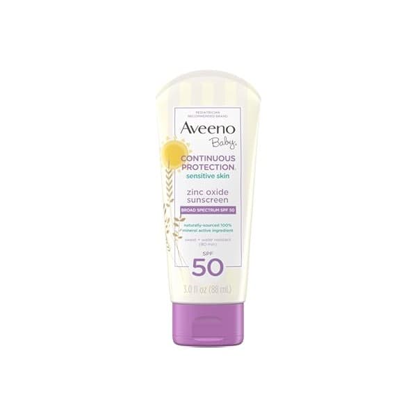 Amazon Deal Alert: Aveeno Baby Continuous Protection Zinc Oxide Mineral Sunscreen Lotion for Sensitive Skin, Broad Spectrum SPF 50, Tear-Free, Sweat- & Water-Resistant, Paraben-Free, Travel-Size, 3 fl. oz