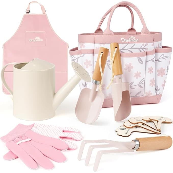 Baby Shower Gift Idea: Dreamon Gardening Set Toys for Kids, Quality Garden Tool Kit Includes Tote Bag, Apron, Gloves, Shovel, Rake, Cultivator, Watering Can, STEM Learning Outdoor Gifts for Kids Toddlers (Pink)