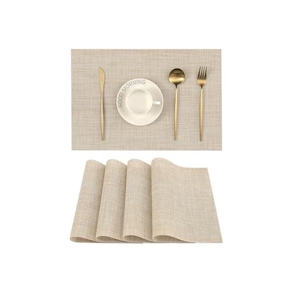 Baby Shower Gift Idea: Leetaltree Beige Placemats Set of 4 - Heat Resistant Non-Slip Place mats for Dining Table, Washable Durable PVC Vinyl Woven Table Mats（Beige, 4）