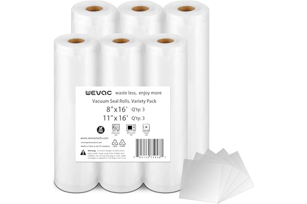 New Mom Must-Have: Wevac 6 Pack 11" x 16' and 8" x 16', Vacuum Sealer Bags Rolls for Food Saver, Weston, Commercial Grade, BPA Free, Heavy Duty, Great for vac storage, Meal Prep or Sous Vide