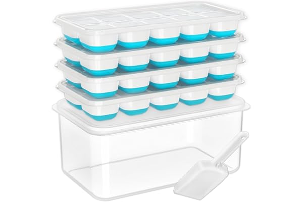 This Solves the Problem: DOQAUS Ice Cube Tray with Lid and Bin - 4 Pack Silicone Ice Cube Trays for Freezer, Stackable Ice Bucket Kits with Storage Container & Scoop for Kitchen, RV, Cocktail, Coffee