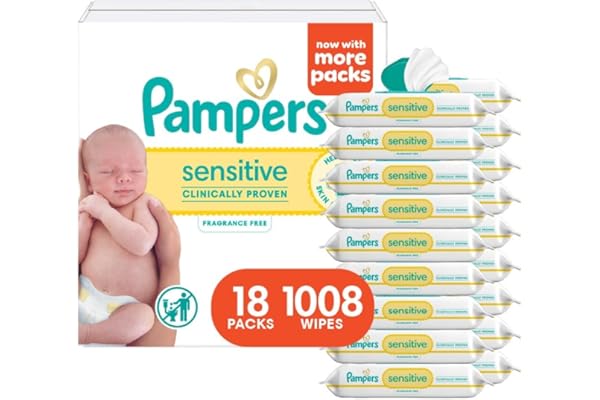 Pampers Sensitive Baby Wipes, Water Based, Clinically Proven, Hypoallergenic, and Unscented for Babies, 1008 Wipes Total (18 Flip-Top Packs) [Packaging May Vary]