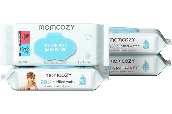 Momcozy Baby Wipes-Extra Large Size Design, 99% Water Based, Unscented & Hypoallergenic, Cleansing & Moisturizing Baby Wipes for Sensitive Skin, 240 Count (4 packs)
