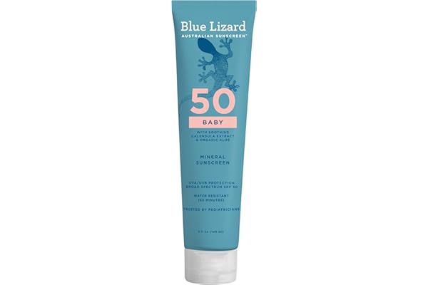 Blue Lizard BABY Mineral Sunscreen with Zinc Oxide, SPF 50+, Water Resistant, UVA/UVB Protection with Smart Cap Technology - Fragrance Free, 5 oz. Tube