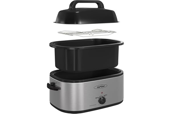 Sunvivi 28 Quart Electric Roaster Oven Turkey Roaster with Lid Electric Roasters with Removable Pan Large Roaster,Visible & Self-basting Lid, Fast Heating & Thaw/warming Setting,Silver