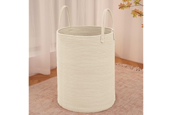 JMvicyroam Large Woven Laundry Basket Hamper,60L Cotton Rope Storage Bin for Blankets,Toys and Clothes,Decorative Tall Nursery Hamper for Living Room,Baby Nursery,Bathroom and Bedroom,Beige