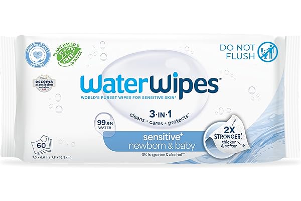 WaterWipes Sensitive+ Newborn & Baby Wipes, 3-In-1 Cleans, Cares, Protects, 99.9% Water, Unscented & Hypoallergenic, 60 Count
