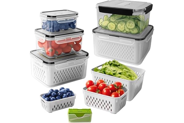 5 PCS Fruit storage Containers for Fridge with Removable Colander and Chopper Set, Leakproof Food Storage Containers with lids, Dishwasher & Microwave Safe Produce Containers to Keep Fruits Fresh