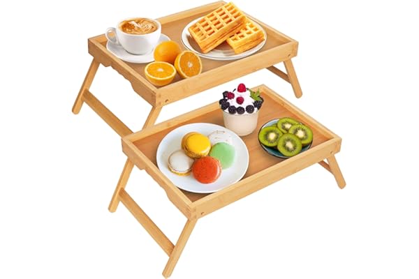 Limited Time Deal: Artmeer Bed Tray Table with Folding Legs,Bamboo Breakfast in Bed for TV Table, Laptop Computer Tray,Eating,Snack Tray Beige 2 Pack(Beige)