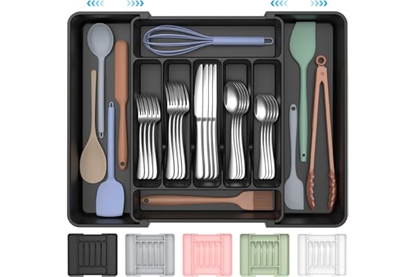 Limited Time Deal: ukeetap Extra Large Expandable Silverware Organizer, BPA-Free Food-Safe Cutlery Flatware Organizer, Kitchen Utensil Drawer Organizer, Adjustable Silverware Holder for Spoons Forks Knives, Black