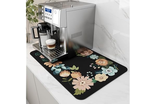 AMOAMI Coffee Mat Hide Stain Rubber Backed Absorbent Dish Drying Mat for Kitchen Counter - Bar Accessories Fit Under Coffee Maker, Espresso Machine, Dish Rack - Floral Black 16x24
