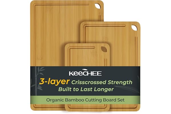 Keechee Wood Cutting Board for Kitchen - Reversible Bamboo Cutting Boards Gift Set of 3 with Juice Groove, Wooden Chopping Board for Meat, Fruit, Vegetables & Cheese (Pre Oiled, Natural)