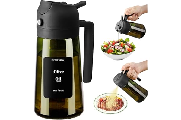 SWEET VIEW - Olive Oil Sprayer for Cooking, 16oz/470ml Glass Light-Proof Oil Pourer for Kitchen with Stickers for Air Fryer, Cooking, Salad, and BBQ with Stickers