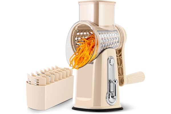 Toddler-Approved Amazon Find: SUSTEAS Rotary Cheese Grater with Handle - Vegetable Shredder with 5 Well-designed Blades & Strong Suction Base,Round Mandoline Slicer & Food Chopper for Kitchen,with Blade Storage Box(Beige)
