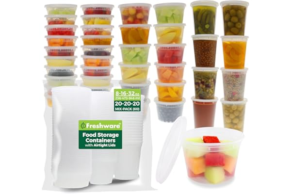 New Mom Must-Have: Freshware Food Storage Containers with Lids [60 Pack 8, 16, 32 oz, 20 sets each size] Plastic Deli Containers, Meal Prep Containers, Microwave and Freezer Safe, Stackable, Leakproof, BPA Free, Clear