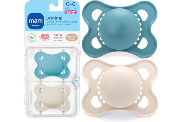 We Are Obsessed With This: MAM Original Matte Baby Pacifiers 0-6 Months, Binky for Newborn Babies, BPA-Free Skin Soft Silicone Nipple, Easy to Clean, Developed with Medical Experts, 2 Count, With Sterilizer Case, Made in Europe