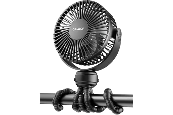 Gaiatop Mini Portable Stroller Fan, Battery Operated Small Clip on, Detachable 3 Speed Rechargeable, 360° Rotate Flexible Tripod Better Cooling for Car Seat Crib Treadmill Travel Black