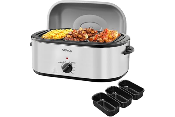 Upgrade Your Life With This: VEVOR Roaster Oven, 24QT Electric Turkey Roaster Oven, 150-450℉ Adjustable Temperature Electric Roasting Pan with 3 Bin Buffet Server, Self-Basting Lid, Defrost & Warm Function, Self-Basting Lid