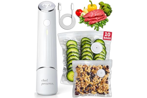 Amazon's Choice: Chef Preserve Compact Vacuum Sealer for Food (Vacuum Sealer Machine + 10 Reusable Vacuum Bags) Powerful Handheld Vacuum Sealer Machine, Seal Meal Saver, Portable Food Sealer