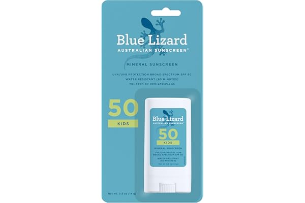 Amazon's Choice: Blue Lizard Kids Mineral SPF 50 Sunscreen Stick, Zinc Oxide, 100% Mineral Actives, Developed for Kids’ Sensitive Skin, TSA-Friendly, Vegan, Paraben-free, Fragrance-Free, 0.5 oz