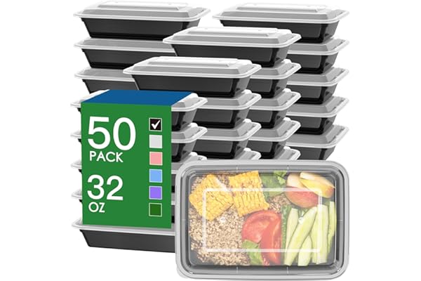 50 Pack (100-Piece) 32 oz Meal Prep Containers Reusable with Easy Open Lids, Sturdy Leakproof Food Safe, Microwave Freezer Dishwasher Safe, To Go Take Out Plastic Food Storage Pans with Lids, Black