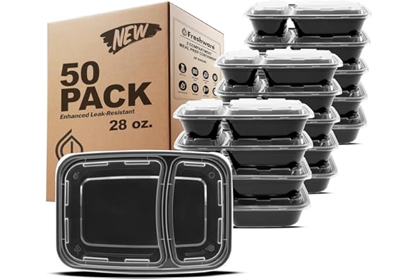 Freshware Meal Prep Containers [50 Pack] 2 Compartment with Lids, Food Storage Containers, Bento Box, BPA Free, Stackable, Microwave/Dishwasher/Freezer Safe (28 oz)