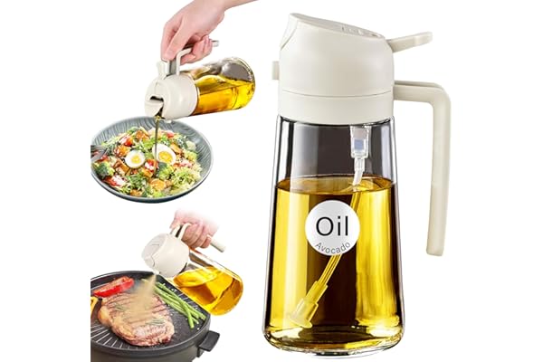 YARRAMATE 16oz/470ml Glass Olive Oil Sprayer for Cooking with Stickers, 2 in 1 Oil Dispenser for Kitchen Gadgets, Food Grade Premium Spray Bottle for Salad, Frying, BBQ (Creamy White)