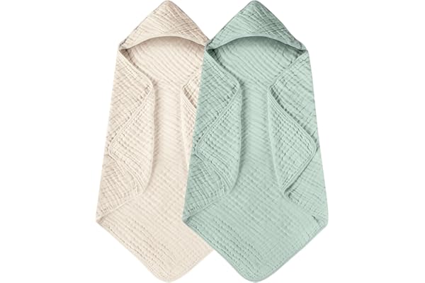 Yoofoss Hooded Baby Towels for Newborn 2 Pack 100% Muslin Organic Cotton Baby Bath Towel with Hood for Babies, Infant, Toddler and Kids, 32x32Inch, Soft and Absorbent Newborn Essential,Apricot&Green