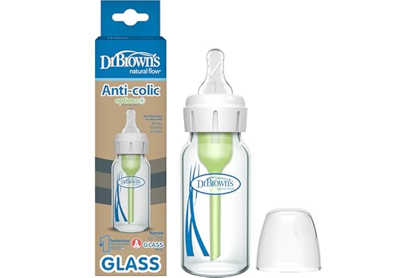 Limited Time Deal: Dr. Brown's Anti-Colic Options+ Narrow Glass Baby Bottle with Level 1 Slow Flow Nipple, BPA-Free, 4 oz/120mL, 0m+, 1-Pack (Packaging May Vary)