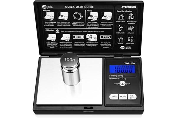 Weigh Gram 200g Digital Pocket Gram Scale 0.01g Accuracy, 200g x 0.01g Mini Digital Grams Scale, Small Food Scale, Jewelry Scale, Ounces Grains Scale With100g Calibration Weight