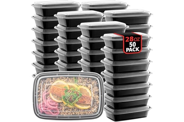 Perfect Gift Idea: 50-Pack Reusable Meal Prep Containers Microwave Safe Food Storage Containers with Lids, 28 oz - 1 Compartment Take Out Disposable Plastic Bento Lunch Box To Go, BPA Free - Dishwasher & Freezer Safe