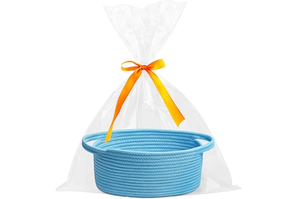 Pro Goleem Small Woven Basket with Gift Bags and Ribbons Durable Baskets for Gifts Empty Small Rope Basket for Storage 12"X 8" X 5" Baby Toy Basket with Handles, Blue
