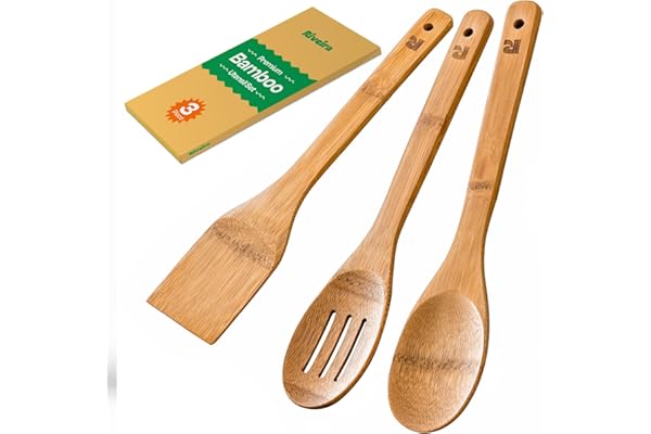 Pregnancy Hack: Riveira Dark Bamboo Wooden Spoons for Cooking 3-Piece, Apartment Essentials Wood Spatula Spoon Nonstick Kitchen Utensil Set Premium Quality Housewarming Gifts for Everyday Use