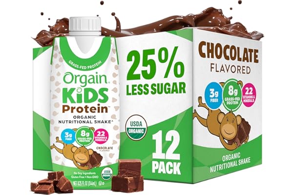 Orgain Organic Kids Nutritional Protein Shake, Chocolate, Healthy Kids Snacks, 8g Dairy Protein, 3g Fiber, 22 Vitamins & Minerals, No Soy Ingredients, Gluten Free, Non-GMO, 8.25 Fl Oz (Pack of 12)